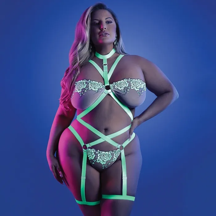 Female Sex Toys Fantasy Lingerie Glow Night Vision Strappy TeddyNeon Green QUEENBoxed FANTASY LINGERIE