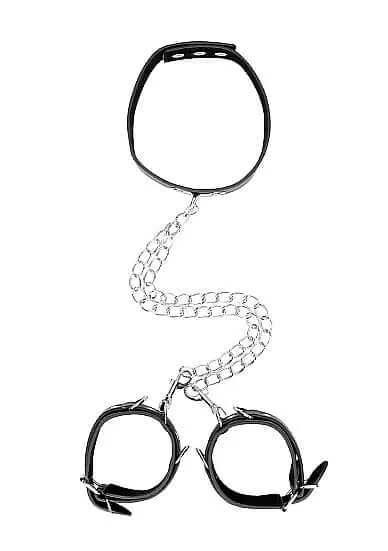 SHOTS AMERICA Couples Fetish Brand of the Year Ouch Bonded Leather Collar with Handcuffs and Chain Premium Quality Ultimate Pleasure
