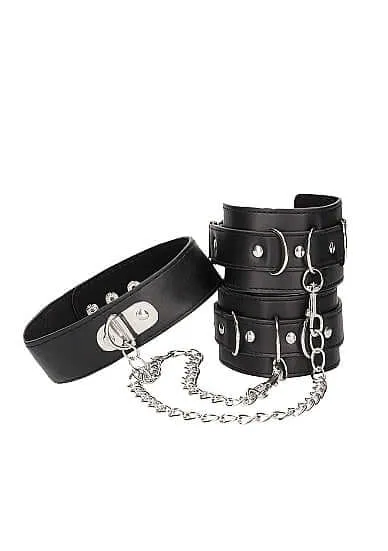 SHOTS AMERICA Couples Fetish Brand of the Year Ouch Bonded Leather Collar with Handcuffs and Chain Premium Quality Ultimate Pleasure